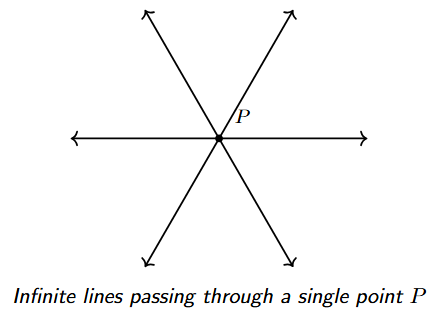 A single point P with several lines passing through it, resembling the spokes of a wheel, demonstrating that an infinite number of lines can pass through one point.